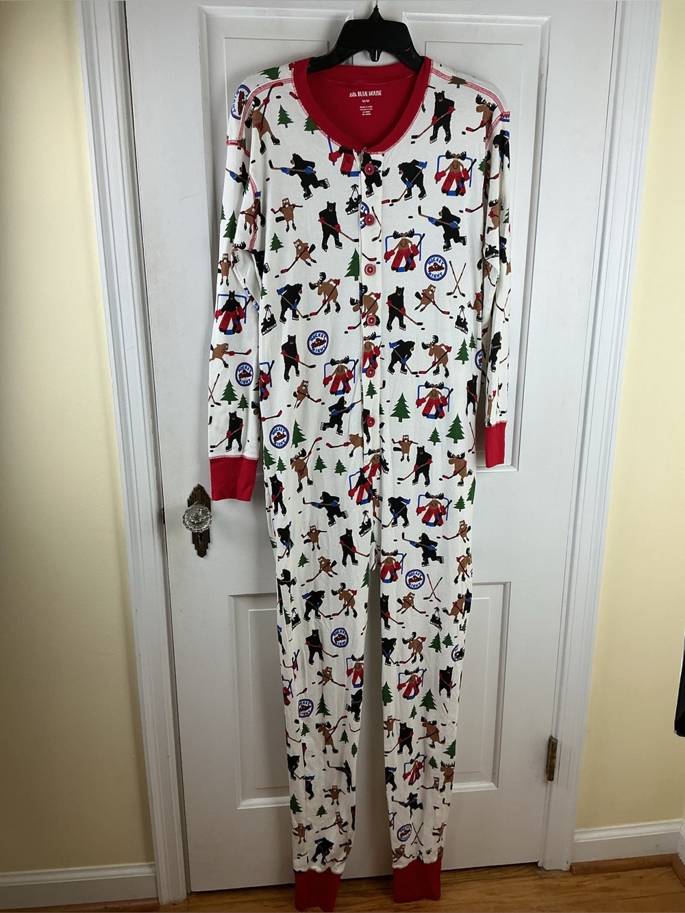 Little Blue House Unisex Hockey Moose Bear Print Pajamas One-piece Union suit M